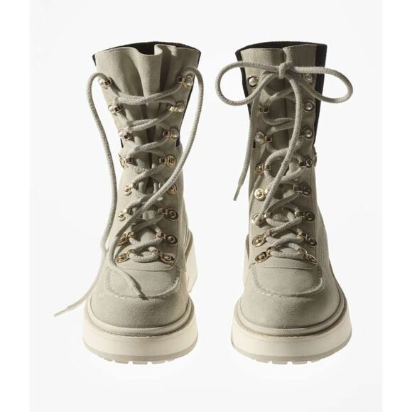 Chanel 21K Ivory Suede Black CC Platform Combat Lace Up Ankle Short Moto Boot 37 - Picture 8 of 12